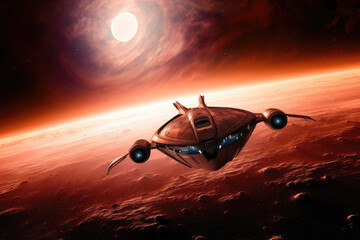 Fototapeta na wymiar Futuristic fighter flying over planet Mars. Generative AI