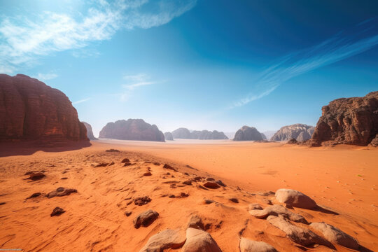 Red planet with arid landscape, rocky hills and mountains. Generative AI