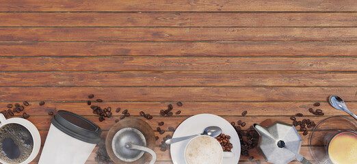 Includes fresh coffee equipment on table top wooden floor roasted coffee beans and coffee mugs 3D illustration of hot coffee beans