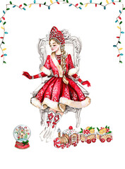 The Snow Maiden in a christmas dress. Watercolor illustration. Snow Maiden, fabulous winter Russian girl, Cute granddaughter of Russian Santa Claus, watercolor portrait in a red winter colors.