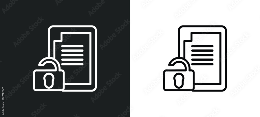 Poster unlocked file outline icon in white and black colors. unlocked file flat vector icon from security c