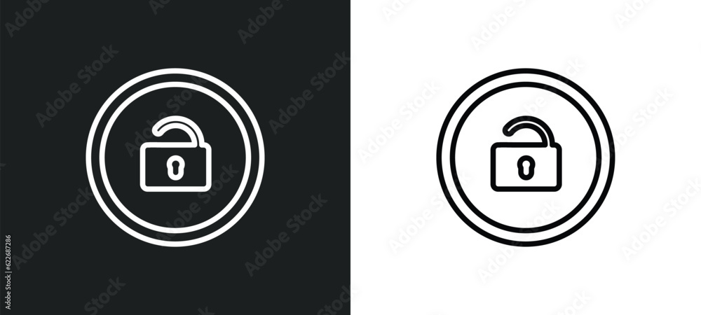 Poster unlock padlock outline icon in white and black colors. unlock padlock flat vector icon from security
