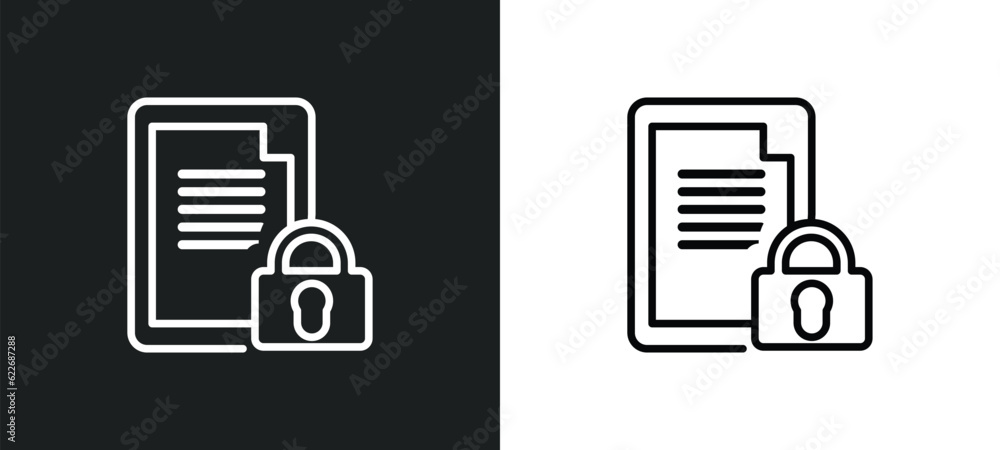 Poster locked file outline icon in white and black colors. locked file flat vector icon from security colle