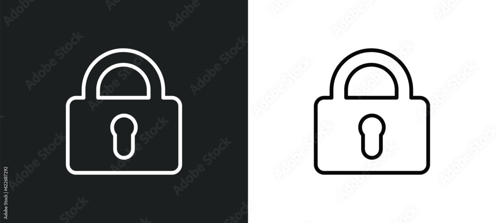 Poster locked padlock outline icon in white and black colors. locked padlock flat vector icon from security
