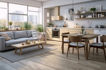 Fototapeta premium interior design, light Stylish apartment interior with modern kitchen. created generative ai.