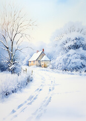 Merry Christmas and Happy Holidays, watercolour printable art print, English countryside cottage as snow winter holiday Christmas card, thank you and diy greeting card design, country style