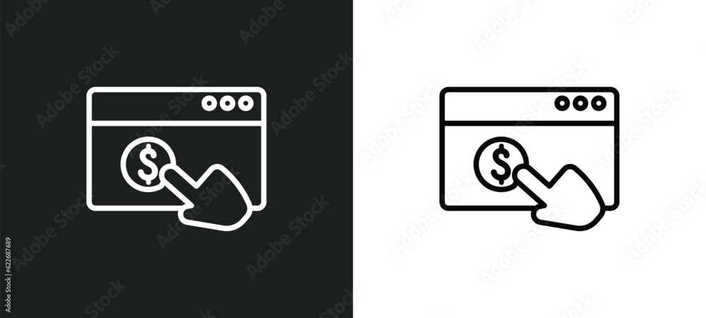Poster pay per click outline icon in white and black colors. pay per click flat vector icon from search eng