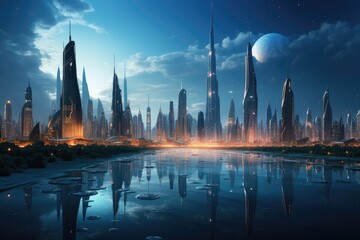 Fototapeta na wymiar Future City Skyline - Futuristic Architecture
