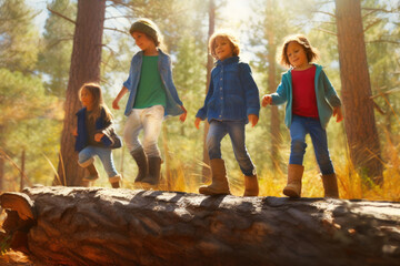 Three small kids on a log in the woods. Generative AI