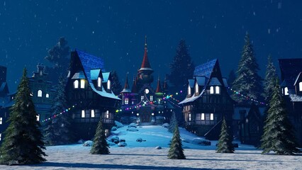 A Fabulous New Year's Town With Illuminated Windows Of Houses.
Animation On The Theme Of Fairy Tales And Fantasy, Holidays And Recreation.
