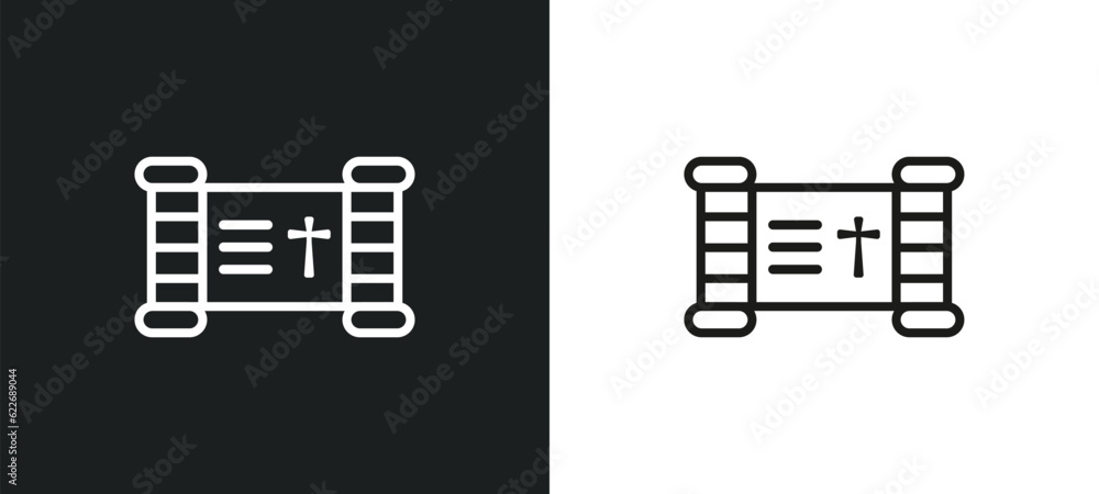 Poster holy scriptures outline icon in white and black colors. holy scriptures flat vector icon from religi