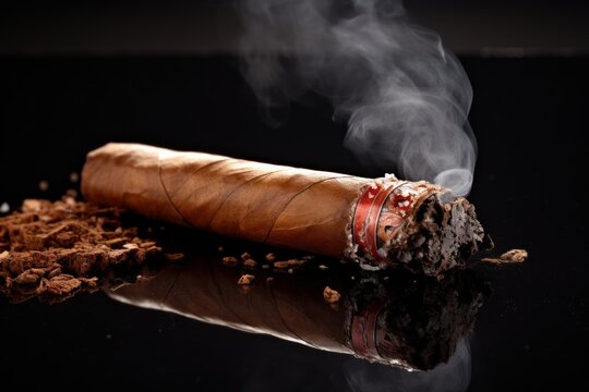 a luxury burning cuban smoking cigar on a black table. isolated on black background. Generative AI