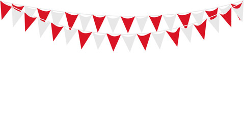 Obraz premium Bunting Hanging Red and White Flag Triangles Banner Background. Bunting flags for celebration, party, fair, market, sale. China, Canada, Swiss, Denmark concepts.