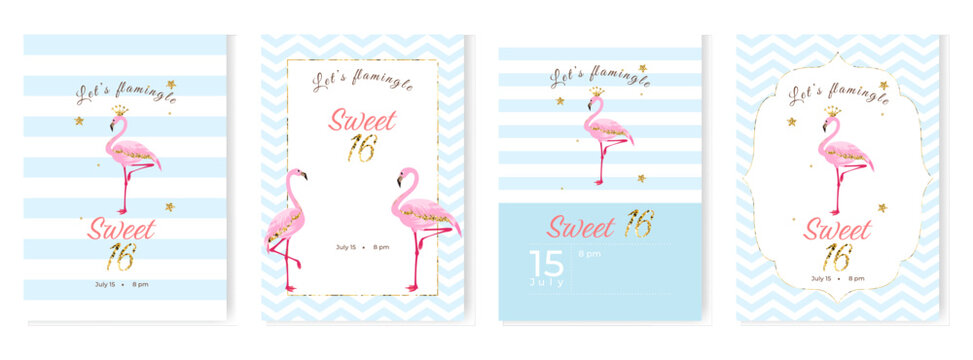 Sweet sixteen party invitation cards set with flamingos, glitters and stars. Template design