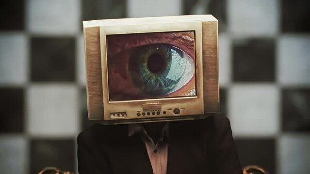Man with television head sitting on a chair. Zoom in into blinking eye displayed on the screen. Observer concept. Artificial intelligence, media addiction concept. Science fiction. Video transition.