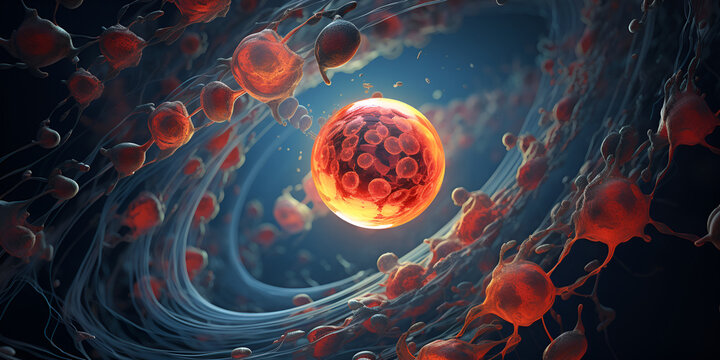 3d rendering of Human cell or Embryonic stem cell microscope background,. Human cell embryonic stem cell microscope components of eukaryotic cell nucleus and organelles, generative Ai