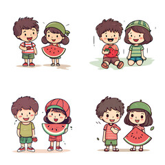 boy and girl eating watermelon vector art