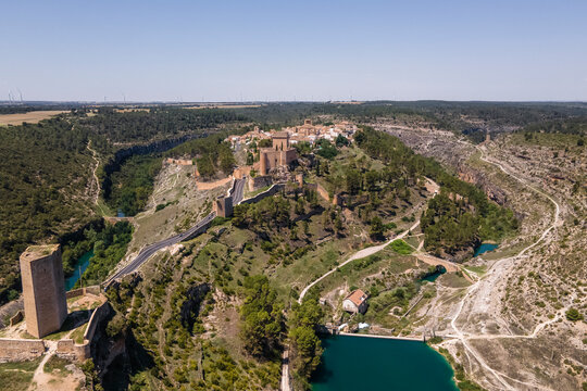 Aerial view of Alarcon, a medieval town with castle on top along the Rio Jucar river in Cuenca, Spain.