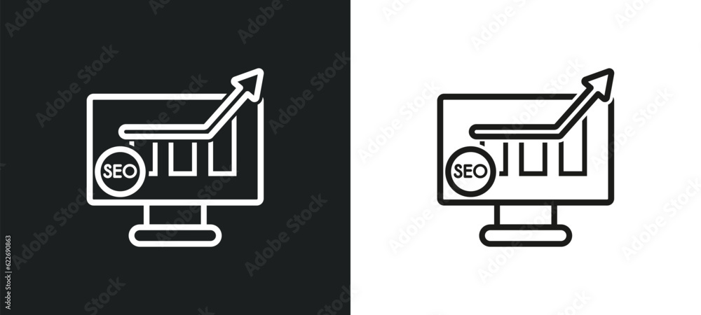 Poster seo ranking outline icon in white and black colors. seo ranking flat vector icon from programming co