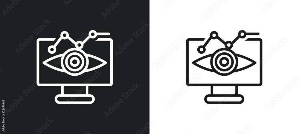 Poster seo monitoring outline icon in white and black colors. seo monitoring flat vector icon from programm