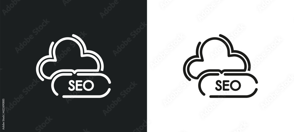 Poster seo cloud outline icon in white and black colors. seo cloud flat vector icon from programming collec