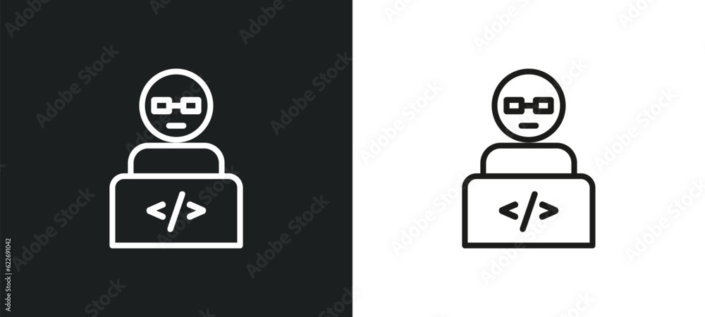 Poster developer outline icon in white and black colors. developer flat vector icon from programming collec