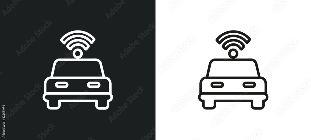 Poster smart car outline icon in white and black colors. smart car flat vector icon from programming collec