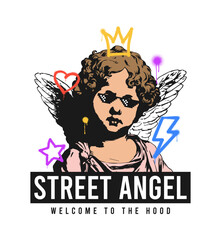 Antique angel with symbols drawn by graffiti and slogan for t-shirt design. Graphics for t shirt with hand-drawn angel and painted graffiti spray element. Street art style print for streetwear. Vector