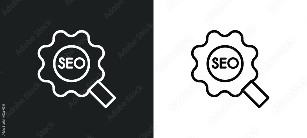 Poster seo configuration outline icon in white and black colors. seo configuration flat vector icon from se