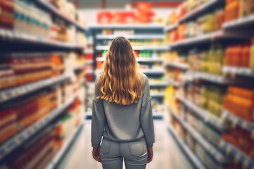 Young woman shopping in a supermarket. Generative ai design.