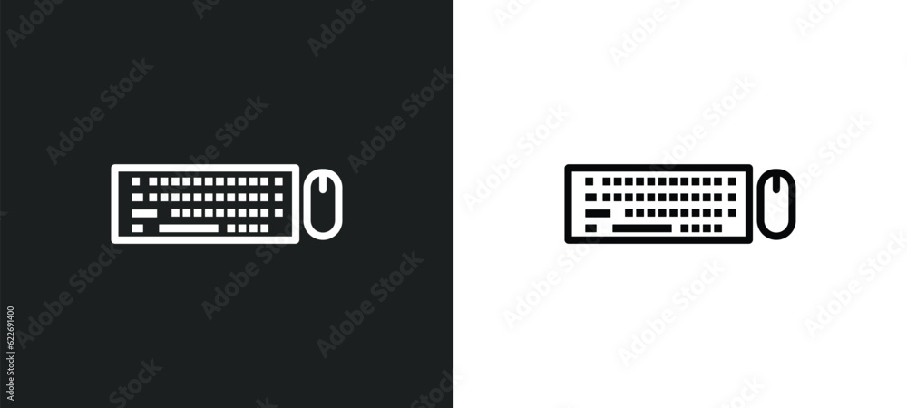 Poster keyboard and mouse outline icon in white and black colors. keyboard and mouse flat vector icon from 