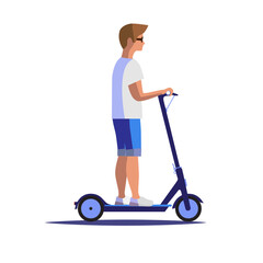 A young man riding a kick scooter isolated on the white background flat vector illustration