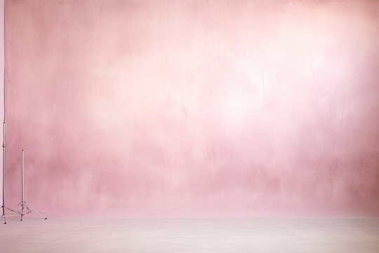 In a studio setting, soft pink textured background enhances the scene, illuminated by professional studio lighting.