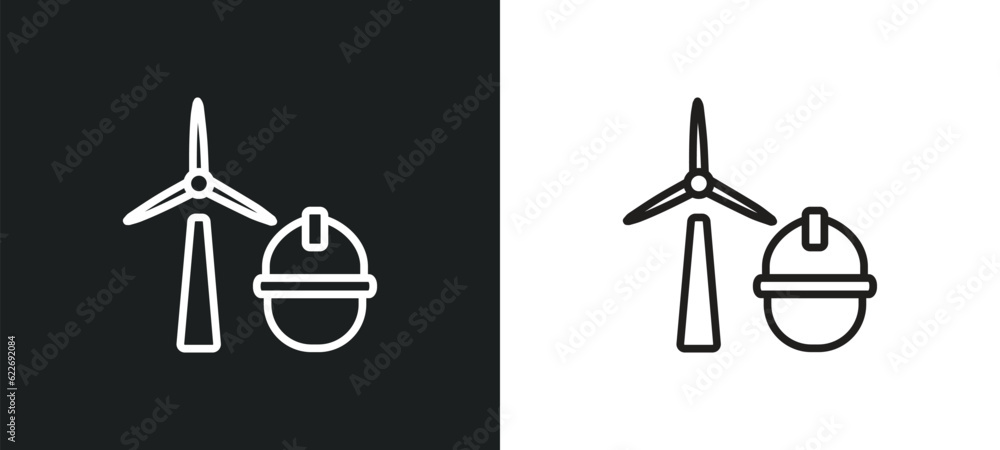 Poster wind turbine technician outline icon in white and black colors. wind turbine technician flat vector 