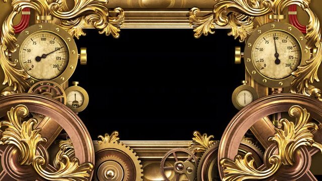 Steampunk Monitor With Animated Elements, Gears And Gauges. Animation On The Theme Of Engineering, Fantasy And Industry.