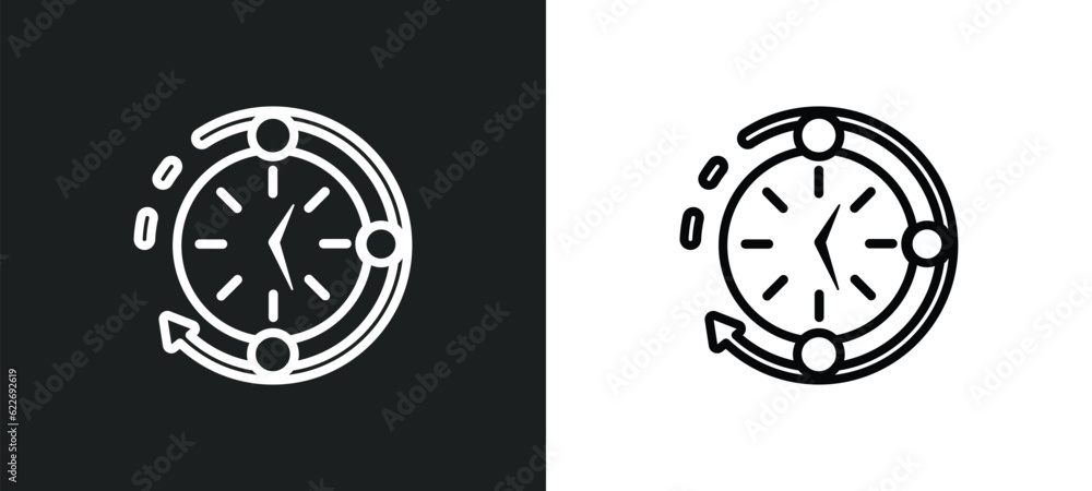 Poster time passing outline icon in white and black colors. time passing flat vector icon from productivity