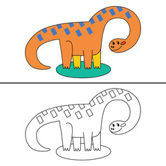 Smiling tall dinosaur coloring page, childish vector illustration of diplodocus, outline clipart for coloring book, children activity, hand drawn doodle for coloration with example