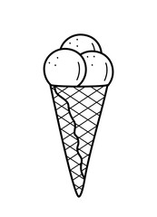 Cartoon ice cream in waffle cups cone. Vector doodle illustration of a summer dessert sketch. Single sketch isolate on white.