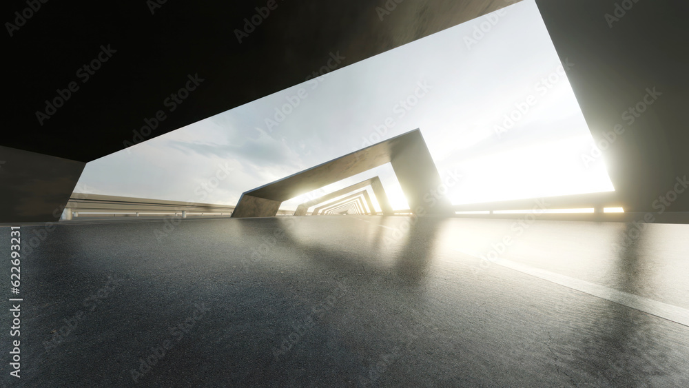 Poster View of architecture tunnel on the highway with empty asphalt road, 3d rendering.
