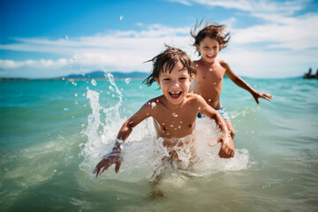 kids having fun playing in the sea