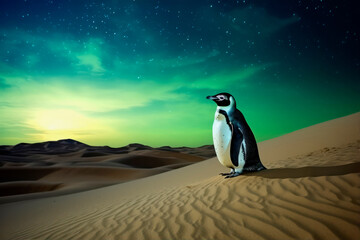 Fototapeta premium penguin in the sahara desert with northern lights