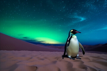 penguin in the sahara desert with northern lights