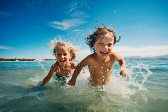 kids having fun playing in the sea