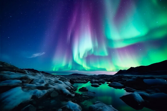 northern lights with snow and ice in the foreground
