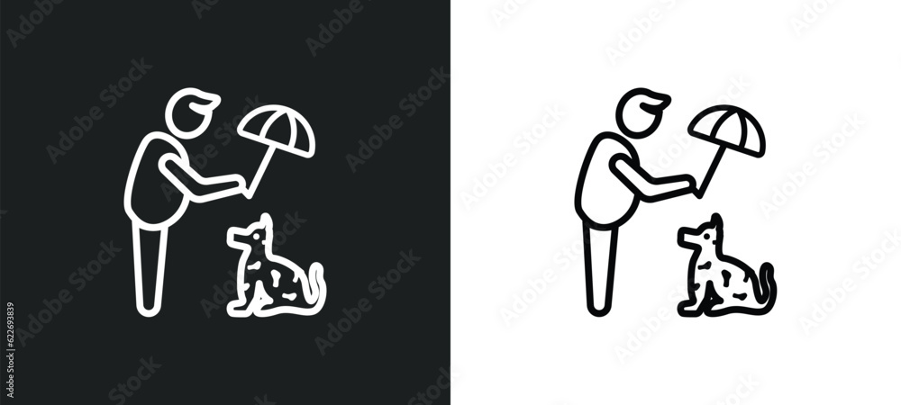 Poster man protecting a dog with an umbrella outline icon in white and black colors. man protecting a dog w