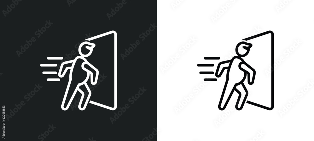 Poster man going fast and with force against a door outline icon in white and black colors. man going fast 