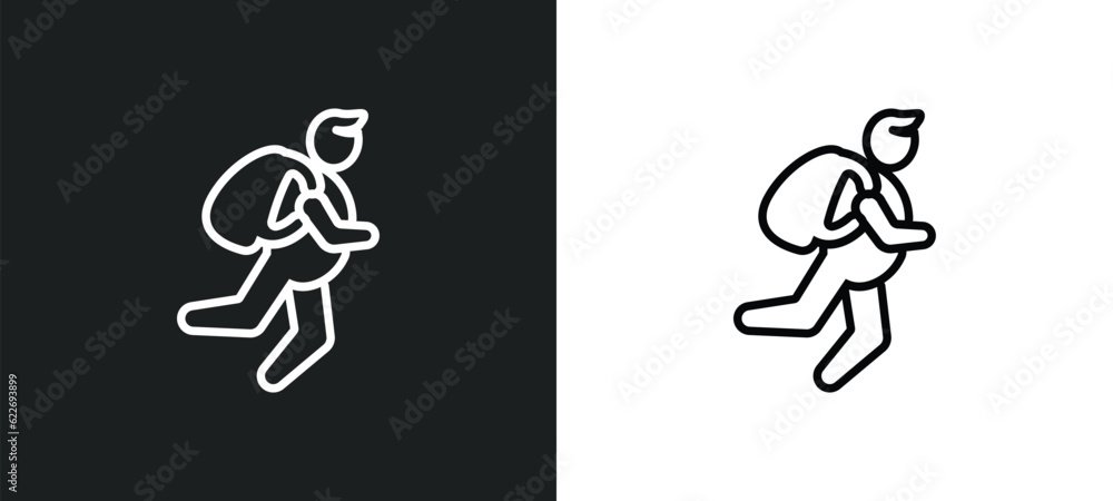 Poster backpacker running outline icon in white and black colors. backpacker running flat vector icon from 