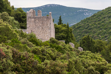 Ston, Croatia 05-06-2023.  View of Ston wall old fortress in Croatia.