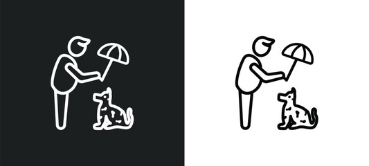 man protecting a dog with an umbrella outline icon in white and black colors. man protecting a dog with an umbrella flat vector icon from people collection for web, mobile apps and ui.