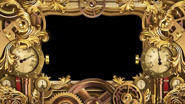 Steampunk Scene With Decorative Elements And Patterns, Mechanisms And Details. Animation On The Theme Of Steampunk And Technology, Mechanisms And Fantasy.